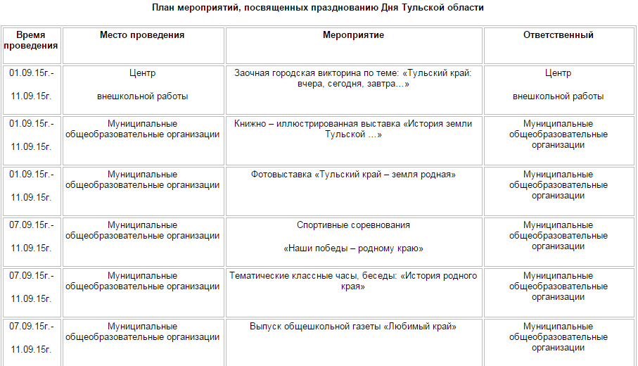 План мероприятий на день города в новомосковске