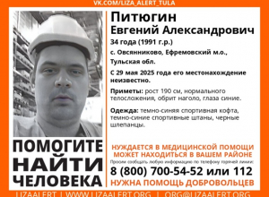В Тульской области пропал человек: «ЛизаАлерт» разыскивает 34-летнего мужчину